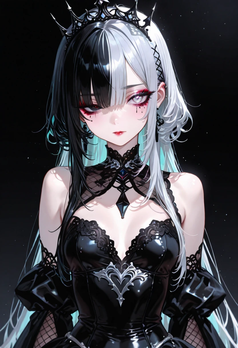 A 2 gothic punk goth girl, perfect face, beautiful Asian woman with long White hair in curls and coils, very cute and beautiful girl, (highly detailed beautiful face), high detailed fingers, (Blood Red corset with detailed frills), detailed face, detailed fingers cowboy shot, looking at viewer, ((sexy Punk ta cosplay)), high neckline, ((ultra detailed lace)), ((ultra detailed embroidery)), intricate details, , ((silver chains)), ((silver spikes)), ((safety pins)), Punk Loliunk Lolita cr, ((large sparkling Punk Lolita, cinec light, detailed gothic house background