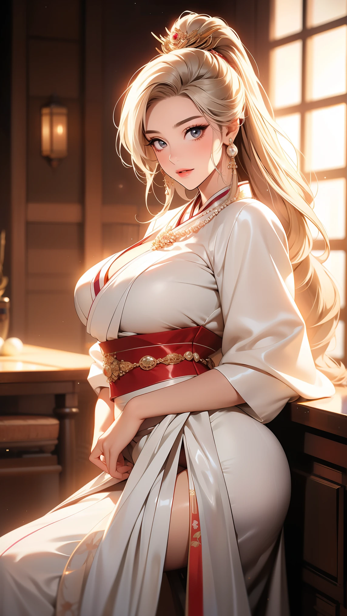An extremely beautiful stunning busty woman, gold blonde long silky hair, big blue oceanic eyes, extremely super bright snow white fair stunning flawless glowing lush shiny white skin, and complexion, a perfect tight hourglass figure, wearing a short sexy loose revealing white floral dress with red flower patterns along with a red sash around the waist and a light brown off-shoulder cardigan, yellow heels, gold necklace on neck, black anklets on feet, standing straight, show full body from head to feet.
