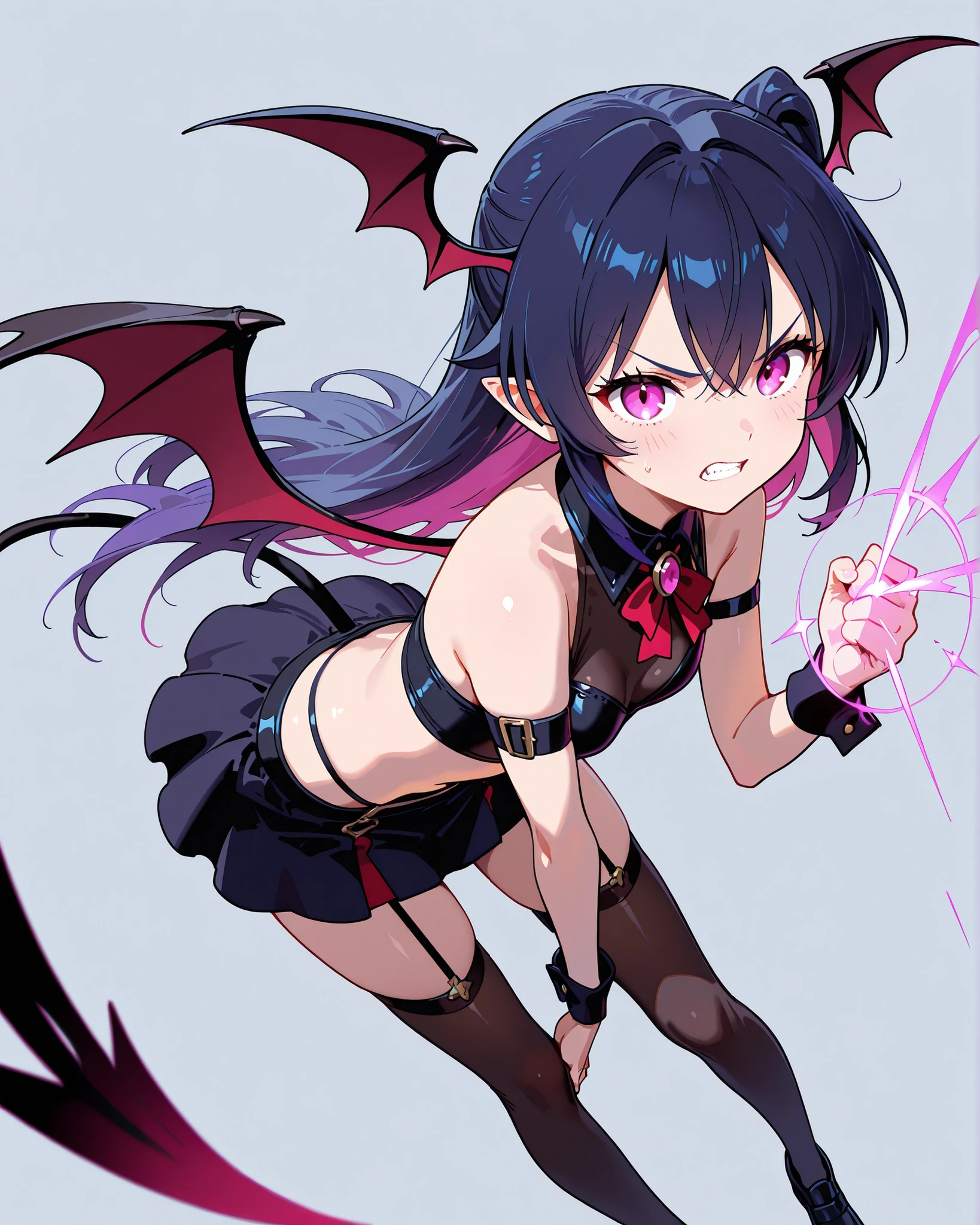 tachi-e, game cg, Highly detailed and realistic CG, Colorful, Masterpiece, Best Quality, jewel-like eyes, 1girl, solo, black hair, shiny hair, long straight hair, very long twintails, slender, skinny legs, succubus girl,succubus school uniform, mini skirt, succubus boots, aqua blue eyes, large breasts, under boobs, black elbow gloves, latex, smirk, smile, jig eyes, jitome, half-closed eyes, tsurime, simple background, from pov, best quality eyes, sharp teeth, tsundere, standing, contrapposto, hand on hip, (shiny skin:1.0), succubus wings, bat wings, succubus tail, mesugaki, teasing, smug, cute girl, petite, open mouth, fangs, tongue out, pointy ears, pink heart tattoo, (Sharp Focus:1.2), Thin arms, Thin legs, outline, Evil Female Executive Succubus,