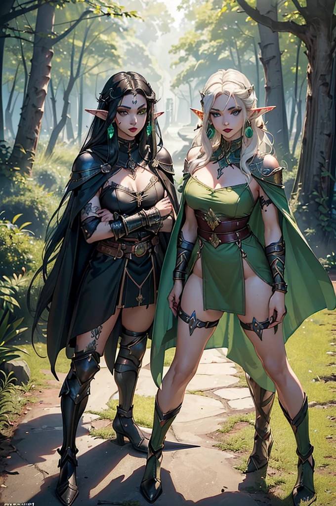 Tall orc girl. Half orc, half human, gold chain mail shirt, short cute leather skirt, long black cloak, greenish blue skin, long wavy brown hair, super cute, big boobs, scars, earrings, tusks coming out of mouth, no makeup, warrior, right eye green, left eye red, super cute, a little chubby, thick, attractive, adorable, hot
