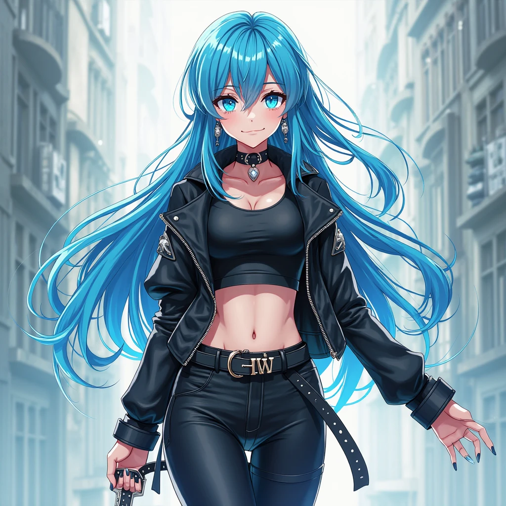 ((best quality)),((masterpiece)),((strikingly beautiful)), mature, 1girl, solo, high quality, masterpiece, skinny, long hair, messy bangs, black beanie, cyan hair, leather jacket, lace bra, eyeliner, pale skin, necklace, neck tattoo, tattoo on neck, sidewalk, lace skirt