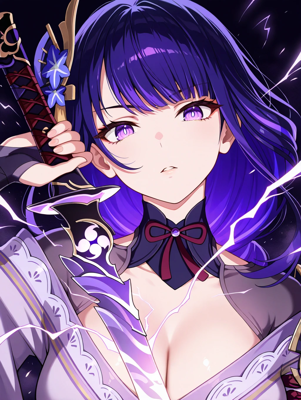 (best quality, masterpiece, highres),1girl,solo,closed mouth,dynamic_angle,
<lora:raidentest:1>,raiden shogun,braid,braided ponytail,hair flower,hair ornament,long hair,mole,mole under eye,purple eyes,purple flower,purple hair,single braid,sidelocks,
<lora:draw sword from chest_v1.06:1>,draw sword,electricity,from chest,hand up,
