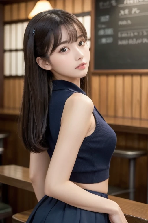 Cute 1 girl, god, Short Girl, A slim body, Small boobs, Small breast, Small booty show, ultra mini skirt, detailed face, beautiful eyes, long eyelashes, cute expression, Minimalist interior, dark-toned interior, photorealistic, 4K, high quality, hairstyle two ponytails, Short skirt, sitting on the floor, front view, full body