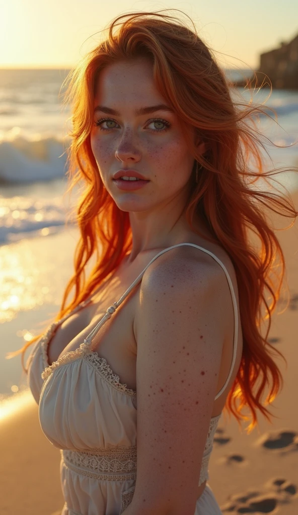 (full body shot:1.1) photorealistic image of a (leaning pose:1.1) woman, ultra realistic, photography, long red hair, girl, 24 years old, hourglass figure, perfect body, Flirty look, natural medium breasts, blur background, she is laying in a beach chair on the beach