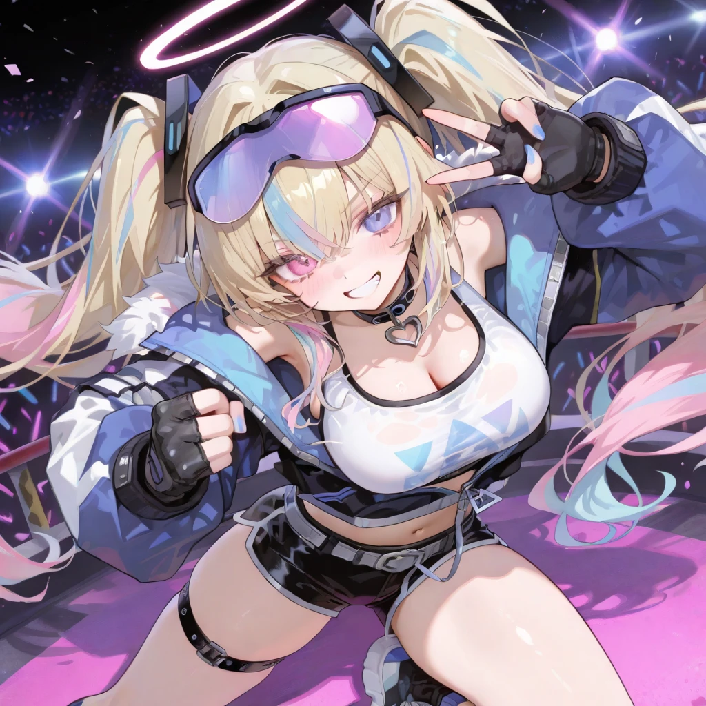 Colorful cable and kimono fused, cable and garter belt fused, cable connects to kimono, colorful effects around, headphones, countless cables, countless cables leading to girl, colorful cables, cables plugged into the body, only stuck in cables, wrapped around cables, the background is a taut cable, the background is an electronic board, Colorful effects on background, rabbits, pigtails, nipple seals, small, lower breasts, huge thighs, thick eyebrows, thin waist, beautiful blonde, braids, (masterpiece), ((highest quality)), (super detailed), girl, (beautiful eyes)), beautiful detailed eyes, clean and detailed face, five fingers, textile shading, perfect anatomy,