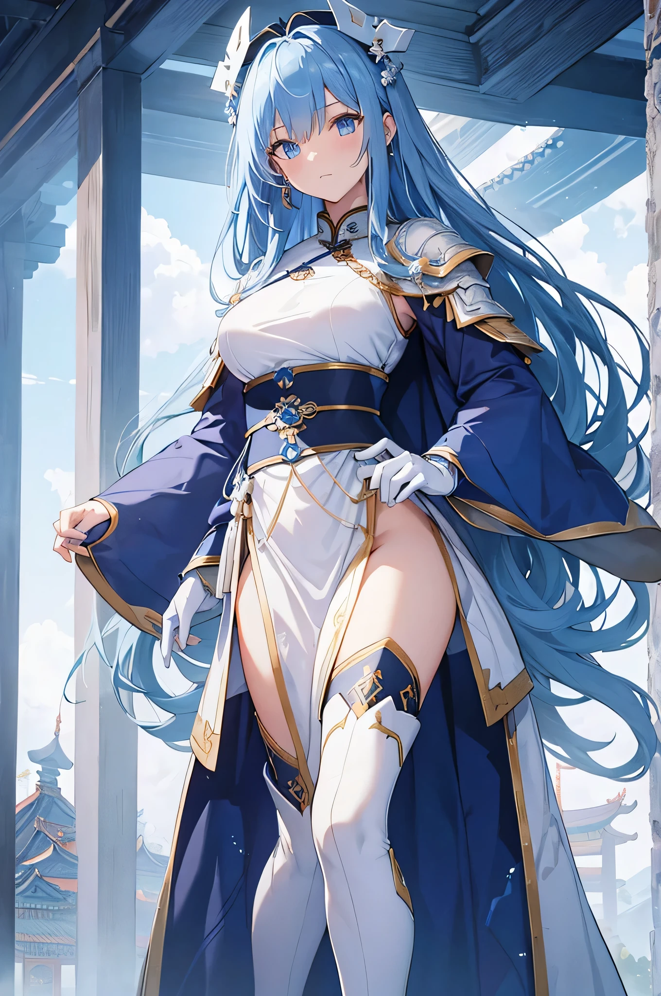 fullbody potrait of a young noblewoman. long blue hair, golden eyes, big chest, huge hips, elegant blue and white Captain of the Guard dress. fluttering blue cloak of an aristocrat. proud, resolute, majestic, determined, magnetic, elegant dancing pose.