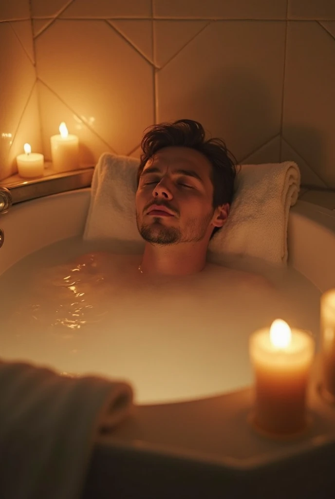 A man was soaking in a bathtub.
