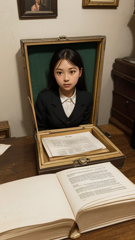 The does homework at the desk,Books are piled on the table. piano in the background, Violins and other musical instruments