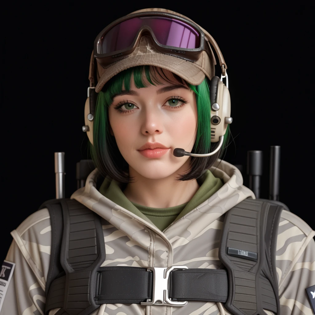 (masterpiece, best quality:1.2), <lora:ela_(rainbow_six_siege):0.8>, ela_(rainbow_six_siege), masterpiece, best quality, 1girl, solo, goggles, camouflage, backpack, hat, green hair, goggles on head, headset, realistic, short hair, jacket, upper body, headphones, military, looking at viewer, bag, lips, uniform,