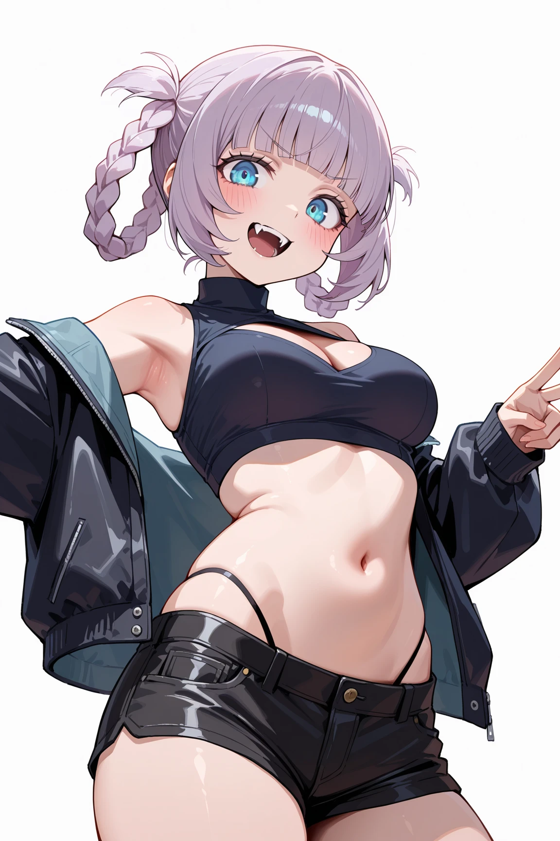 nanakusa nazuna,

1girl, bangs, bare shoulders, black nails, braid, breasts, cleavage cutout, clothing cutout, grin, groin, hair rings, hand on hip, hand up, jacket, light purple hair, long sleeves, looking at viewer, nail polish, navel, open clothes, open jacket, sleeveless, sleeveless turtleneck, sleeveless turtleneck crop top, smile, solo, turtleneck, w,

