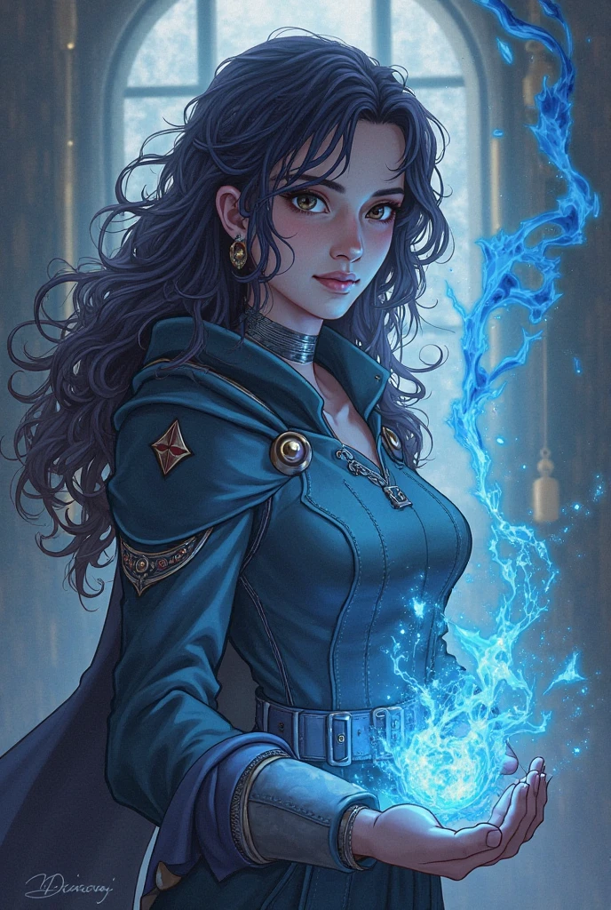 Beautiful woman with black hair, she wears blue battle clothes surrounded with electric, she wears eyeglass, she has thunder powers, she is in clouds with thunder