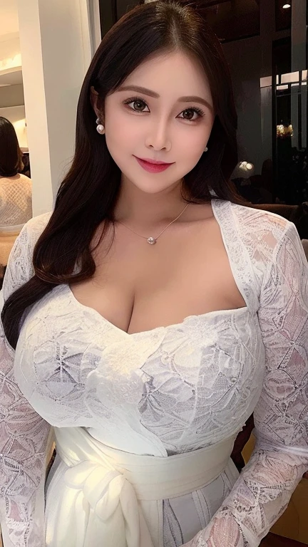 (REALISTIC) (elegant milf) (Big Mature : 3 Curvy body) ((goddess face)) ,(((white kebaya))),huge breasts,(trasnparent),short hair,,milf