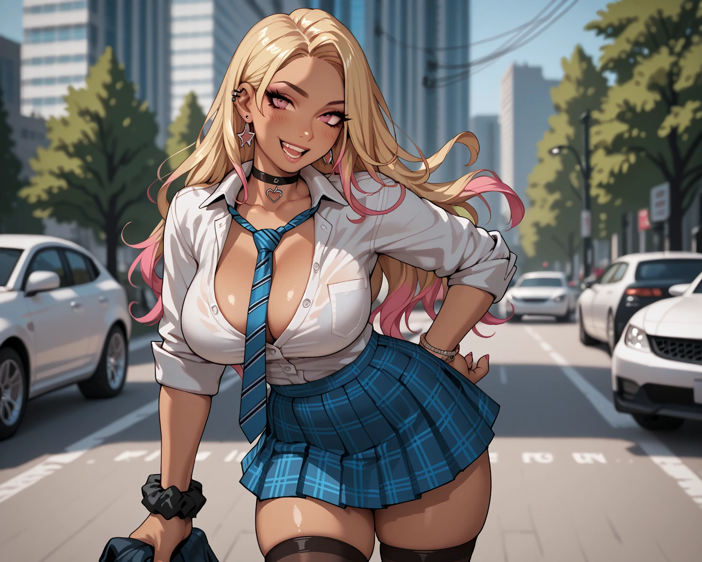 2人の女の子,((jk,))japanese,nsfw, gyaru,long hair.glamorous, voluptuous, shy, stand,street,lift skirt,show panty,smiling