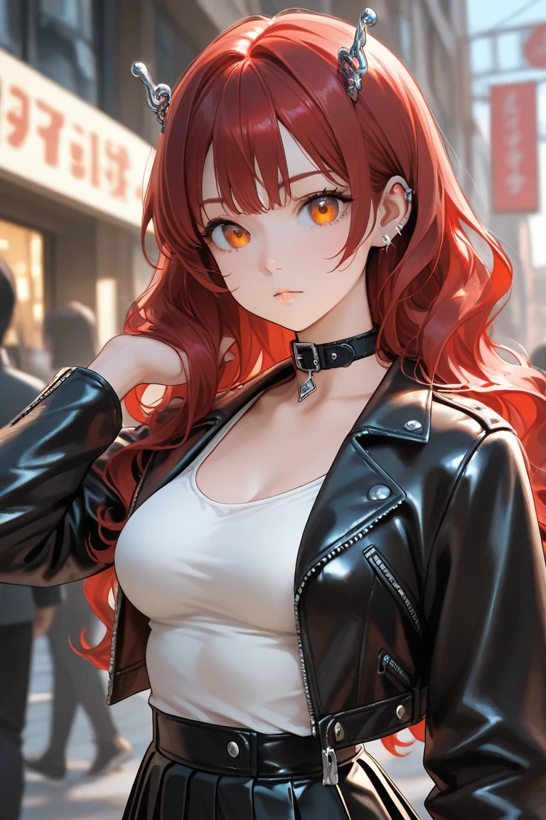 30th Generation　One woman　Leather jacket　Red Haired Beauty　A worn-out bar　Bourbon　Perfect and detailed facial expression　Perfect and detailed eye depiction　Perfect and detailed hair　Perfectly detailed upper body　Perfect and detailed breast depiction