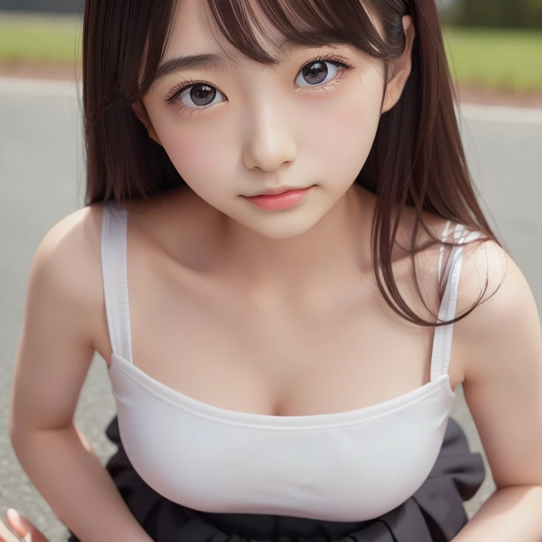 ((SFW: 1.4)), (SFW, Long Hair, side lock hair, 1 Girl)), Ultra-high resolution, (Realistic: 1.4), RAW Photos, Highest quality, (PhotoRealistic Stick), concentrated, Soft Light, ((13 years old)), ((Japanese)), (( (Young Face))), (surface), (Depth of written boundary), masterpiece, (Realistic), woman, bangs, ((1 Girl)),Anatomically correct, uniform,,White blouse,Cleavage,Pleated skirt,mini skirt,Black Hair、Brown eyes、