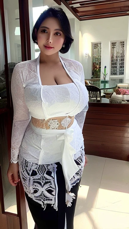 (REALISTIC) (elegant milf) (Big Mature : 3 Curvy body) ((goddess face)) ,(((white kebaya))),huge breasts,(trasnparent),black hair,black skirt,maria nagai face,milf