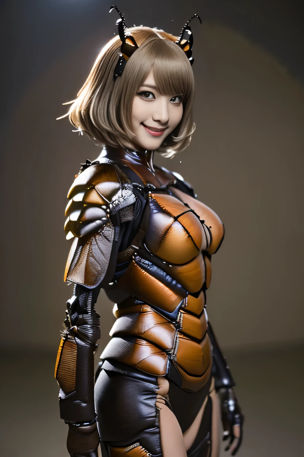 (high resolution,masterpiece,best quality,extremely detailed CG, anime, official art:1.4), realistic, photo, amazing fine details, all intricate, gloss and shiny,awesome many layers, 8k wall paper, 3d, sketch, kawaii, illustration,( solo:1.4), perfect female proportion,villainess, (fusion of dark brown cockroach and lady:1.4), (brown cockroach form lady:1.2), (brown cockroach lady:1.2), (fusion:1.2), (solo:1.4), (evil smile:1.2), muscular, abs, (cockroach brown exoskeleton bio insect suit:1.4), (cockroach brown exoskeleton bio insect armor:1.2), (brown transparency cockroach wing:1.4), (brown cockroach antennae:1.3),