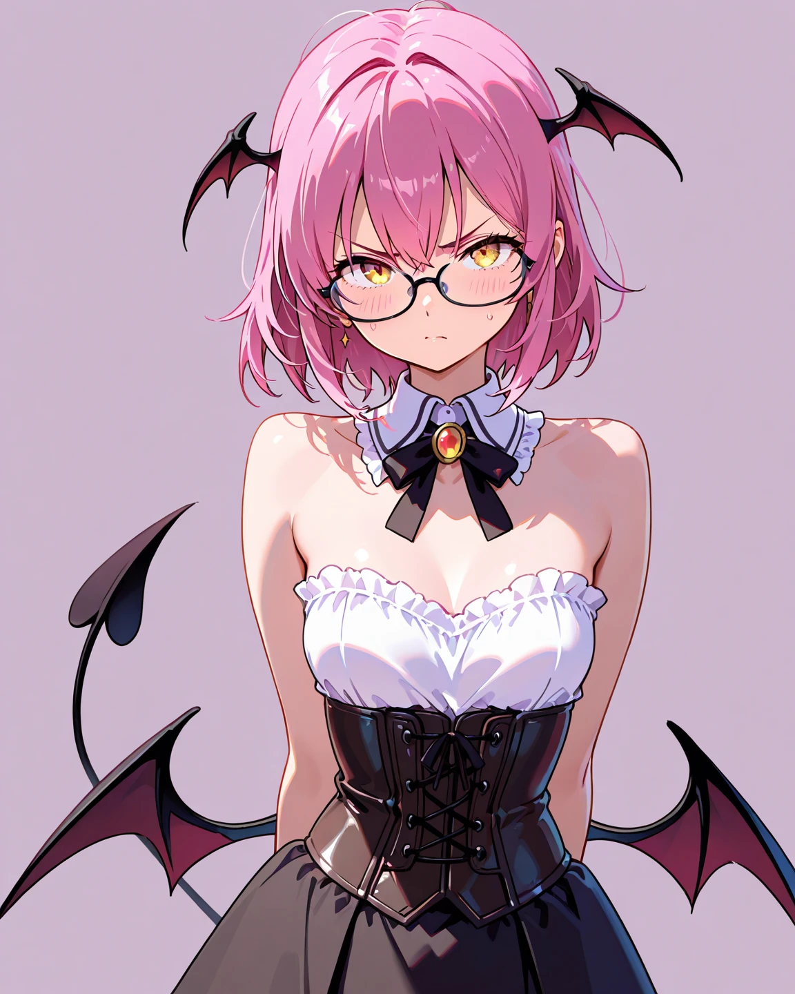 ((Highest quality)), ((masterpiece)), (detailed), (Perfect Face)、The woman is a naked demon queen, Momo Belia Deviluke, wearing a shiny black full-body bodysuit decorated with gold, the sexy female demon, Devil Queen Momo Belia Deviluke、The woman is a female demon with magnificent devil horns, jet black devil wings, and a jet black tail. She is looking at the camera with a happy expression on her face. Her name is Momo Belia Deviluke, and she has pink hair in a short bob and the expression of a girl in love.、The woman is Momo Belia Deviluke