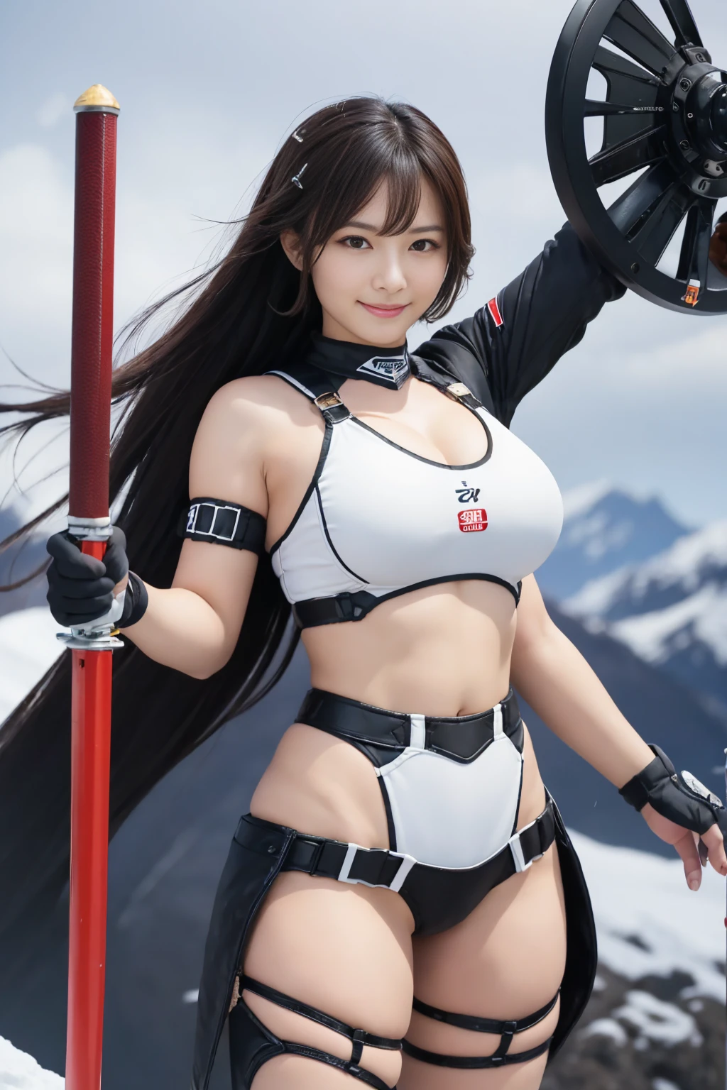 ((highest quality)), ((masterpiece)), (be familiar with), perfect face,4k,Japanese,girl,small breasts,Standing in honor,white and black bikini armor:1.5,thighs:1.3,35mm nikon lens,Female Warrior,smile:1.2,angle from below:1.1,fantasy background