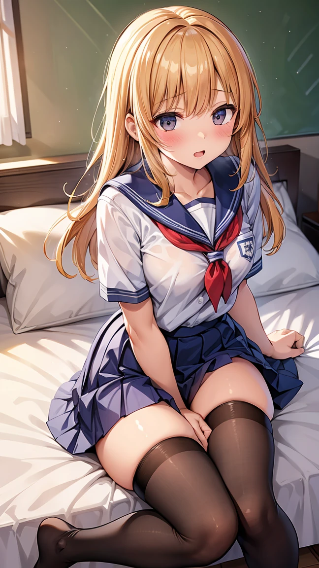 full body shot, Very detailed, up to date, Ultra-high resolution, High Contrast, masterpiece:, very aesthetics, beautiful detailed face, (Highly detailed skin:1.2), NSFW, 1 lady, solo, orgasm, crying:, drooling, steam from pussy, beautiful green eyes, (Nipples:1.5), cleavage, Pubic hair, clear pussy juice:, showing pubic area:, cleavage, half opened mouth, on a bed, spread legs, thin thighs, crop top white shirt:, sleeveless:, Sailor uniform only for the upper body, (tiny micro mini skirt), red ribbon tie, blue sailor collar, side ponytail, long legs ,short torso, anatomically correct, , cinematic lighting, Bright colors and mesmerizing effects, soft and delicate illumination, gentle shine, beautiful photorealistic detailed blonde hair