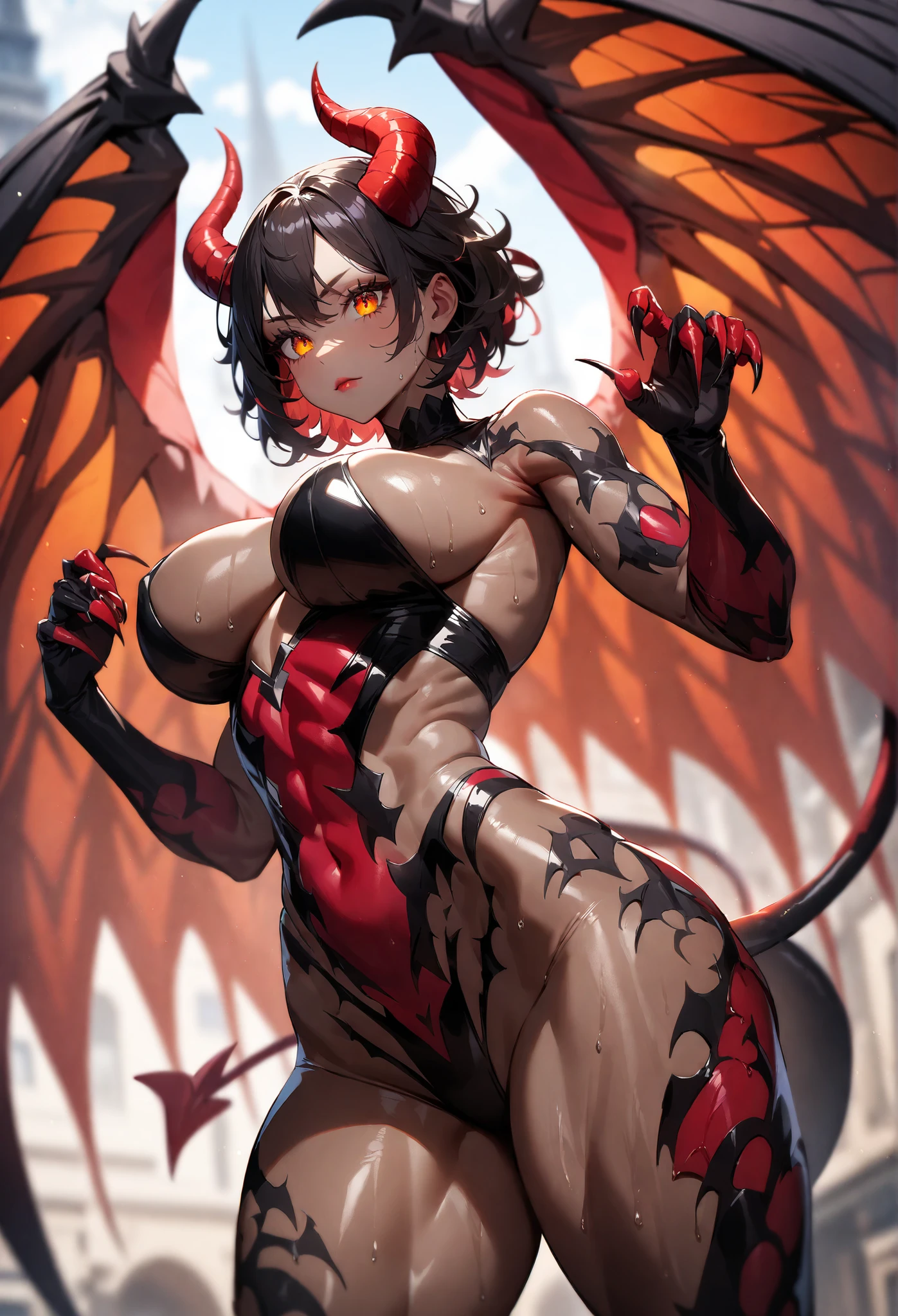 Muscular tiefling girl, black kimono, one arm completely open, curled horns, red skin, abs, tattoos on the skin, orange eyes, forked tongue, open large breasts covered with bandages, short black hair.