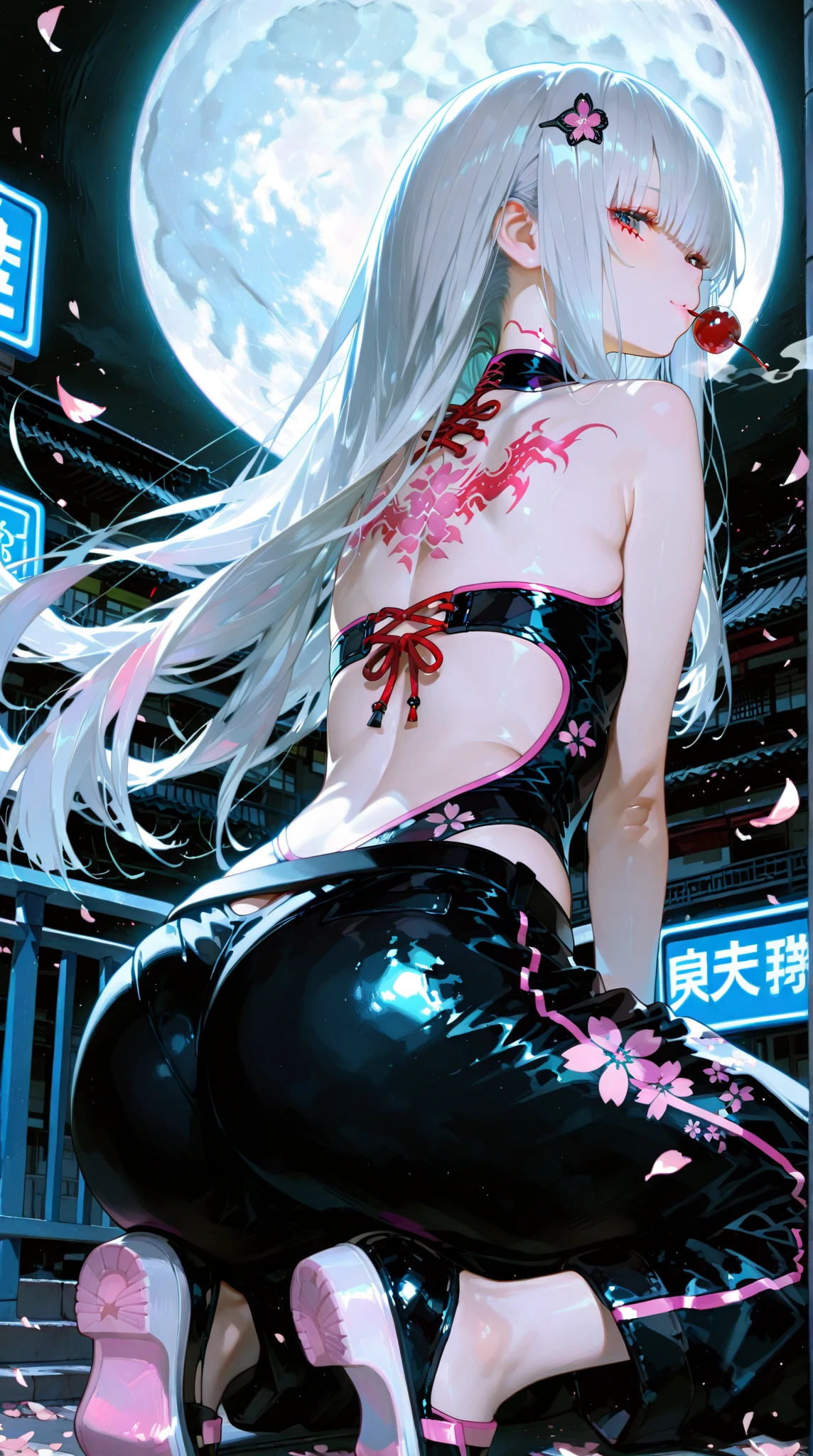 Women's sexy pants Jinx League of Legends anime character, A character in a visual novel, Sexy, illustartion, hight resolution, Ultra-detailed, Vivid colors, vivid lighting, soft pastels, delicate features, floting hair, Sparkling eyes, endearing smile, Elegant and confident posture, white colored hair, red-eyes, Ass, seen from behind