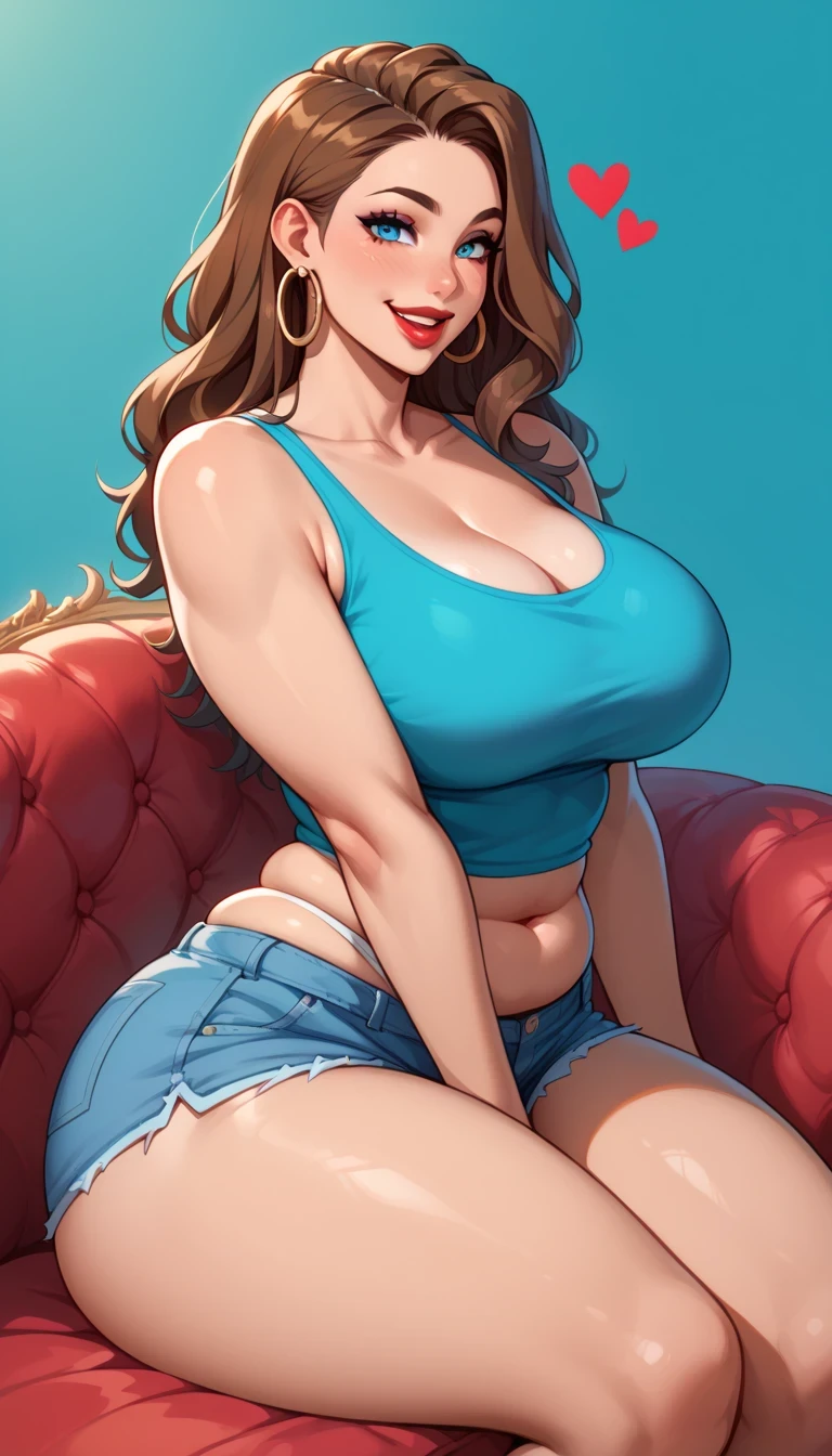 The biggest breasts in the world, Jeans and unbuttoned long blouse, Super Detailed Face, Nice skin, big round butt , beautiful smile, nice background,  4K,Brown long hair , is standing, in the beach 