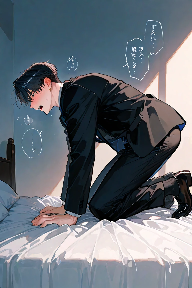 A boy, shy, full body view, skin fair, Kale, full of bruises, dark and messy hair, eyes looking down, head down, sobbing, shrinking arms, femboy, fluffly, money scattered on the floor, cum on his face, a man standing over him with his dick dripping with semen, boy sitting with legs in W, 