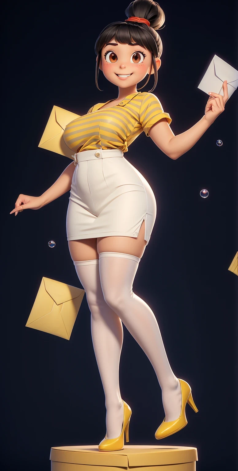 Full body shot,  shot,( envelopes:1.4),(piel  round), Body focus, (cute face), ((( envelopes))),  illustration , (( beautiful Finger)), ,  beautiful body,  beautiful character design, ,  perfect lighting , colorful,  round_forehead_rostro_ Lighting,  ultra high resolution, highres, absurdities:1.2, bokeh:1.2, lens flare, (vibrant_color:1.2), ( beautiful,  medium breasts:1.6), (muslos thicks:1.1),(( white tights , thick, en  white tights  de encaje  round)),
 Black hair with straight bangs and a ponytail with a red band,  big round brown eyes ,  slightly flushed cheeks ,  smiley expression ,  I wore a yellow and blue striped shirt .,  small blue jumpsuits with skirt , white cotton stockings, Maria_janes , _shot , body shot , (such small miniskirt coveralls ), Desde atrás, Desde atrás ,  butt with bubbles ,  curvy butt ,  high platform _heels,  perfect anatomy , pose sexy,