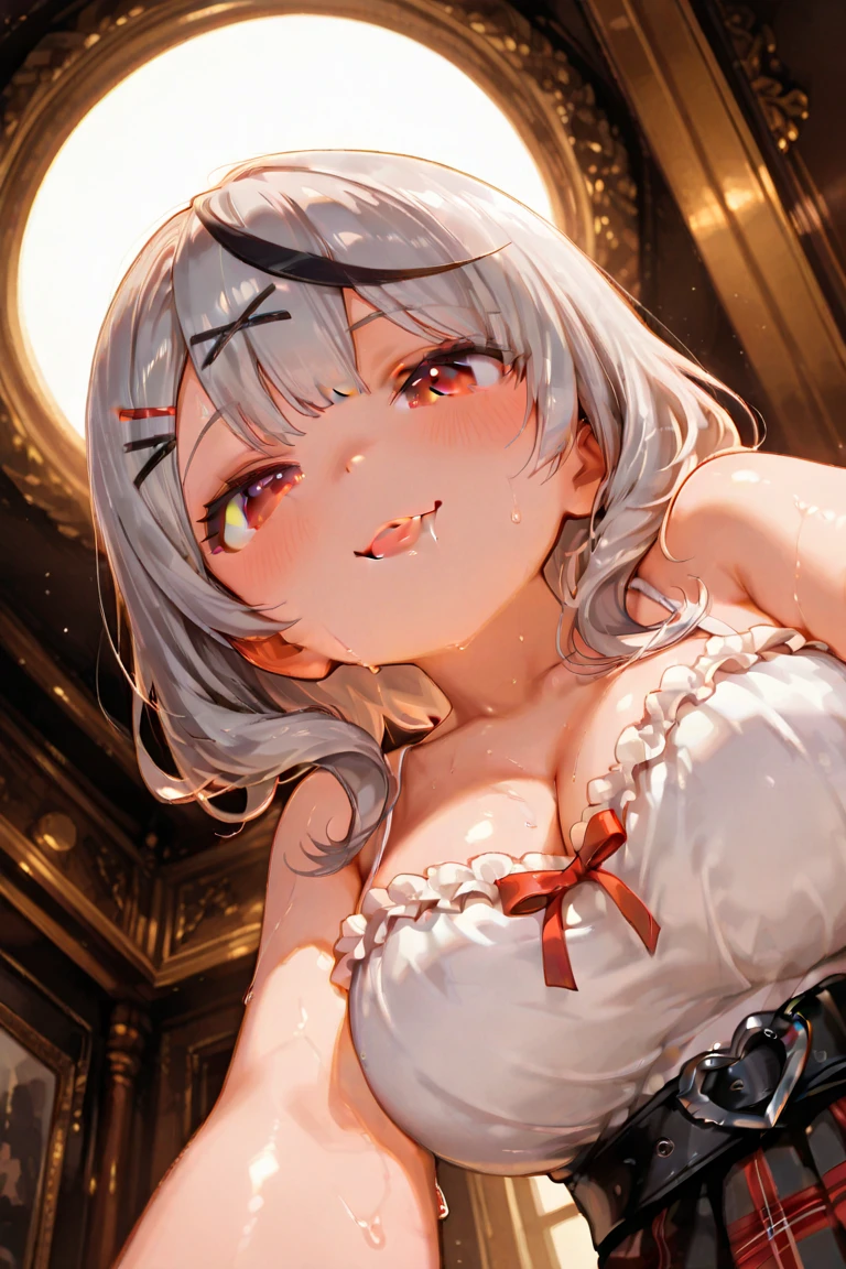 (anime style),masterpiece, best quality, extremely detailed,tanned skin,12yo,hug each other 2gal,dark skin Beautiful body,bouncing_breasts,BREAK,multicolored colorful hair,little side ponytail,short hair with long locks,BREAK,red eyes,naughty smile,shy,eyes half open,thick eyebrow,smug,open mouth,eyes widen,sensual face,smile face,detailed lips,False eyelashes,BREAK,cotton red big ribbon,BREAK, blackow camisole dress,midriff baring outfit,frilled clothing,bridal gown,lmicroskirt,break,head tilt,coquettish pose