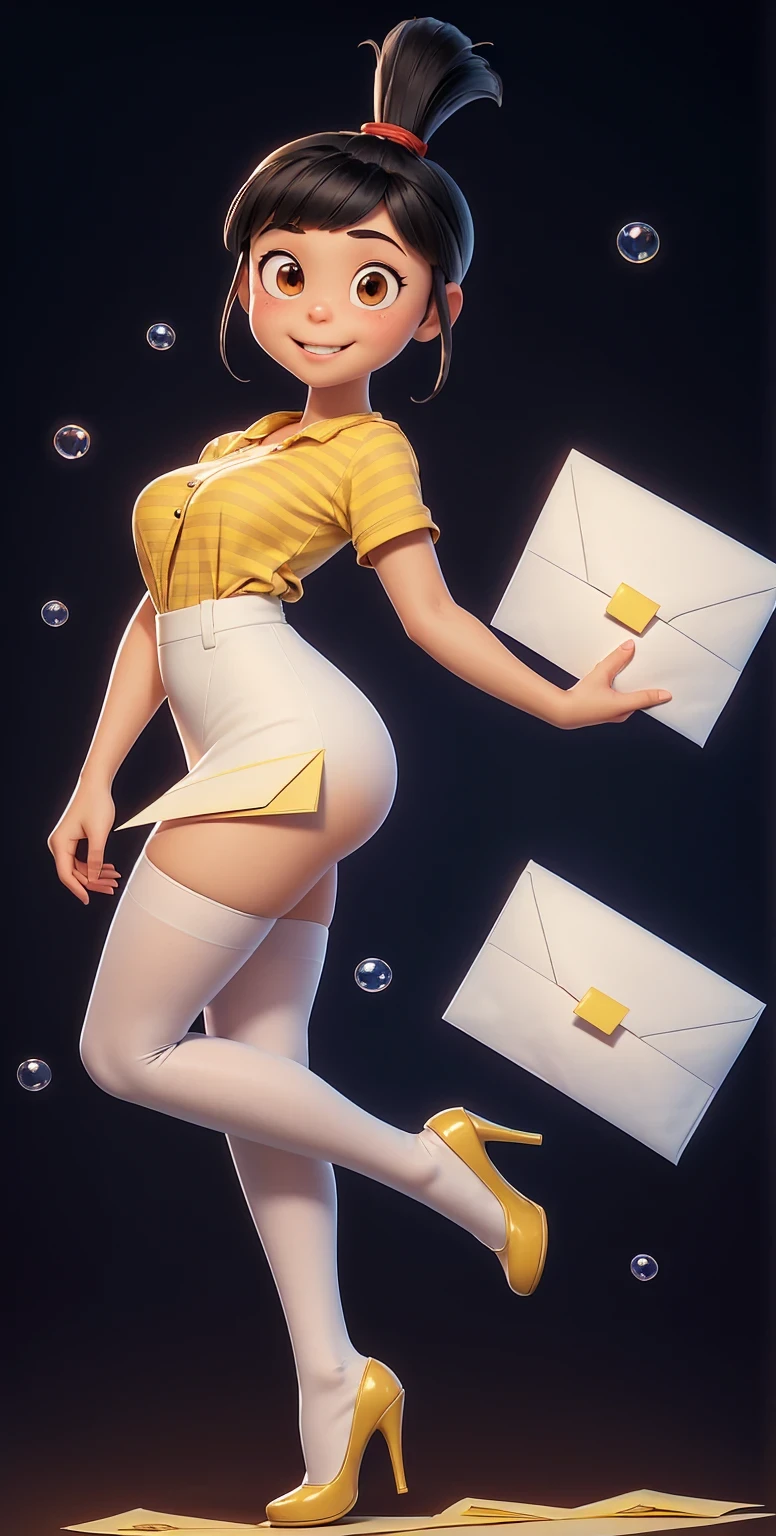 Full body shot, shot,( envelopes:1.4),(piel round), Body focus, (cute face), ((( envelopes))), illustration , (( beautiful Finger)), , beautiful body, beautiful character design, , perfect lighting , colorful, round_forehead_rostro_ Lighting, ultra high resolution, highres, absurdities:1.2, bokeh:1.2, lens flare, (vibrant_color:1.2), ( beautiful, medium breasts:1.6), (muslos thicks:1.1),(( white tights , thick, en white tights de encaje round)),
Black hair with straight bangs and a ponytail with a red band, big round brown eyes , slightly flushed cheeks , smiley expression , I wore a yellow and blue striped shirt ., small blue jumpsuits with skirt , white cotton stockings, Maria_janes , _shot , body shot , (such small miniskirt coveralls ), Desde atrás, Desde atrás , butt with bubbles , curvy butt , high platform _heels, perfect anatomy , pose sexy,