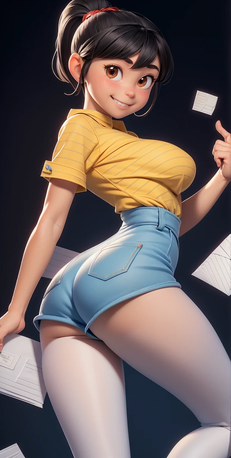 Full body shot,  shot,( envelopes:1.4),(piel  round), Body focus, (cute face), ((( envelopes))),  illustration , (( beautiful Finger)), ,  beautiful body,  beautiful character design, ,  perfect lighting , colorful,  round_forehead_rostro_ Lighting,  ultra high resolution, highres, absurdities:1.2, bokeh:1.2, lens flare, (vibrant_color:1.2), ( beautiful,  medium breasts:1.6), (muslos thicks:1.1),(( white tights , thick, en  white tights  de encaje  round)),
 Black hair with straight bangs and a ponytail with a red band,  big round brown eyes ,  slightly flushed cheeks ,  smiley expression ,  I wore a yellow and blue striped shirt .,  small blue jumpsuits with skirt , white cotton stockings, Maria_janes , _shot , body shot , (such small miniskirt coveralls ), Desde atrás, Desde atrás ,  butt with bubbles ,  curvy butt ,  high platform _heels,  perfect anatomy , pose sexy,