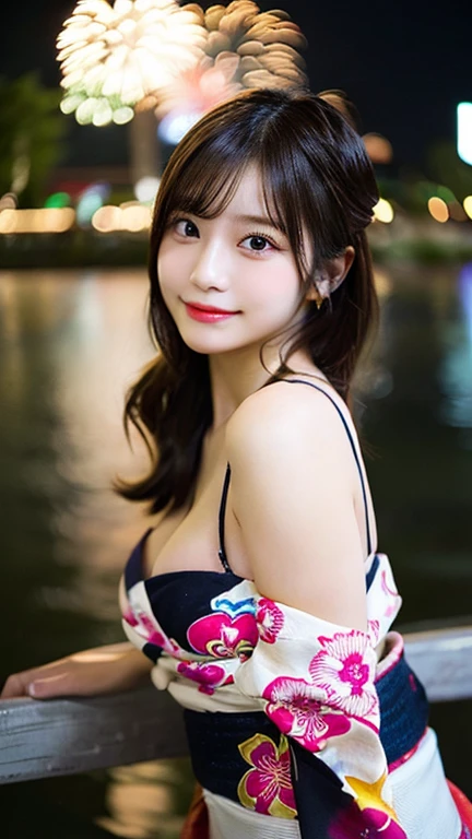 (8K、Raw photography、top-quality、​masterpiece:1.45)、(realisitic、Photorealsitic:1.35)、(((Fireworks Venue、natta)))、one girls、cute little、Seductive smile:1.2、(((bath robe、Kimono)))、Valley、profetional lighting、Rich details、(Fine facial features)、二重まぶた、Colossal tits、Valley、(cleavage on the chest:1.3)、a closed mouth、no-bra、((Night))、hyperdetailed face、ultra-detailed hair、perfect bodies、Perfect fingers、a 20 yo woman、cute little、goddess of Japan、A sexy、gravure、Raw photo
