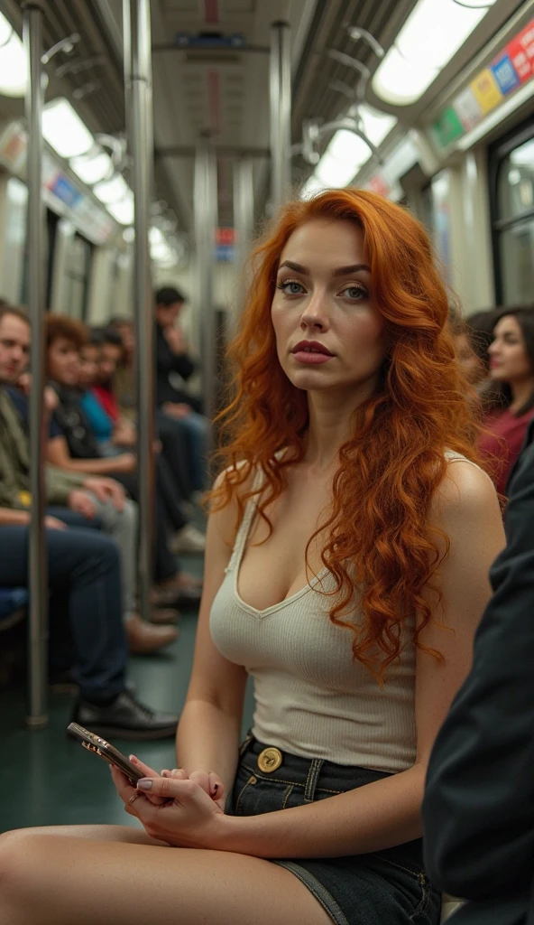 Red-haired snake woman,on a plane going to Paris
