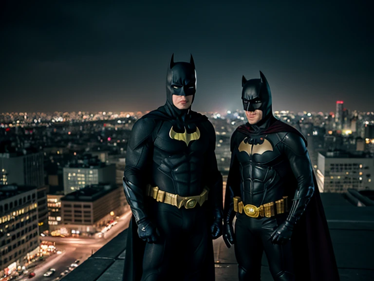 The Batman character together with the Ninja Turtle character Donatello walking in New York City