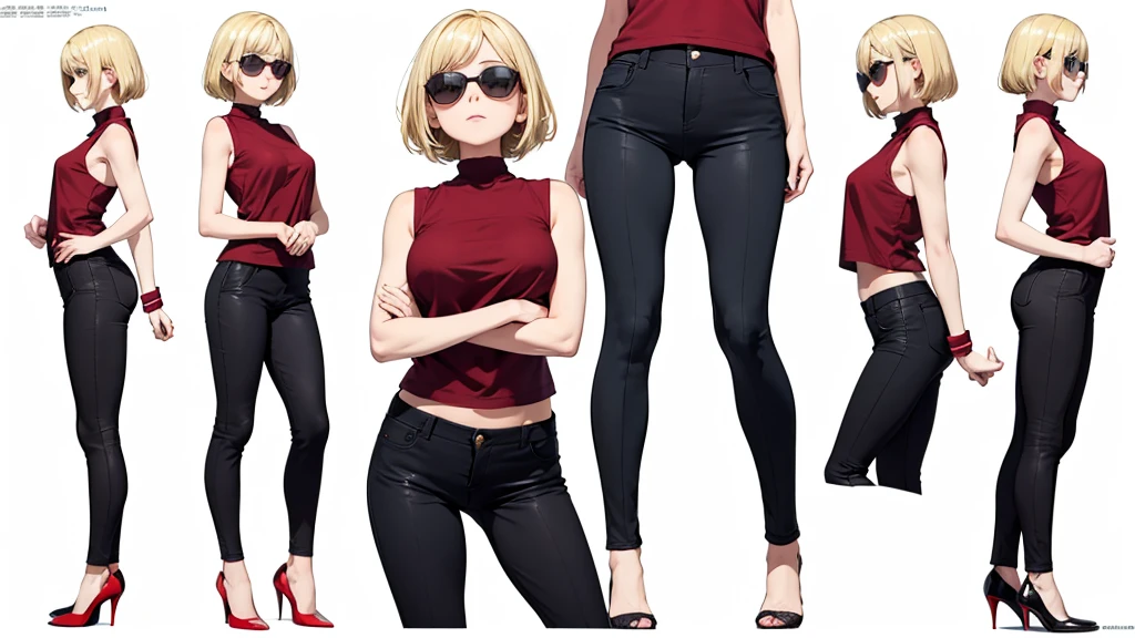 high quality 4k, maximum image sharpness. name zoe. 20 year old teenager, beautiful angelic face. red eyes. White skin color. height 1,70, retail physicist, large and firm breasts, Short blonde hair. Clothes, T-shirt at the height of the abdomen. tight red pants. body detail, straight and firm posture looking towards the camera with an amazed expression