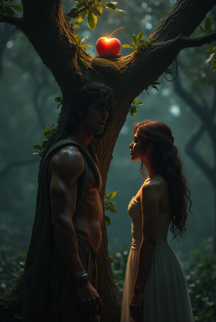 a beautiful 20-year-old Greek woman conversing with a Satyr next to a tree, dappled lighting, intricate details, realistic textures, raw photography, Greek Mythology,