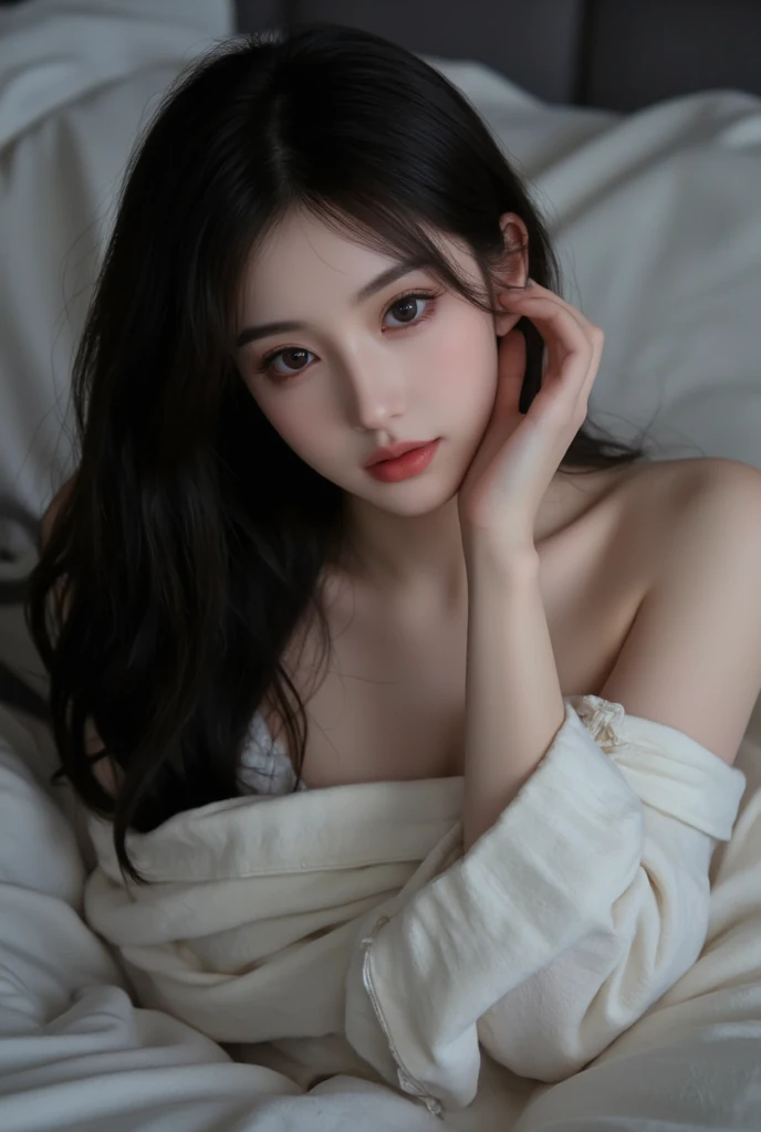 Best quality,masterpiece,Ultra-high resolution,RAW photos, Cat ears,cute,In the light,deep shadow,Low profile,Cold Light,sexy look,Long hair,((best quality: 1.5)) ((masterpiece: 0.8)), Intricate details, Clear focus, professional, real life, Real facial expression, Dynamic poses, ((([Large breasts:0.8])))),Lying on the bed