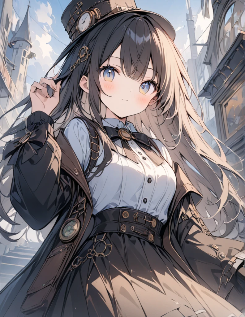 (masterpiece, best quality, perfect face, expressive eyes), 1girl, intricate details, long brown hair, blue eyes, hairbow, brown trench coat,