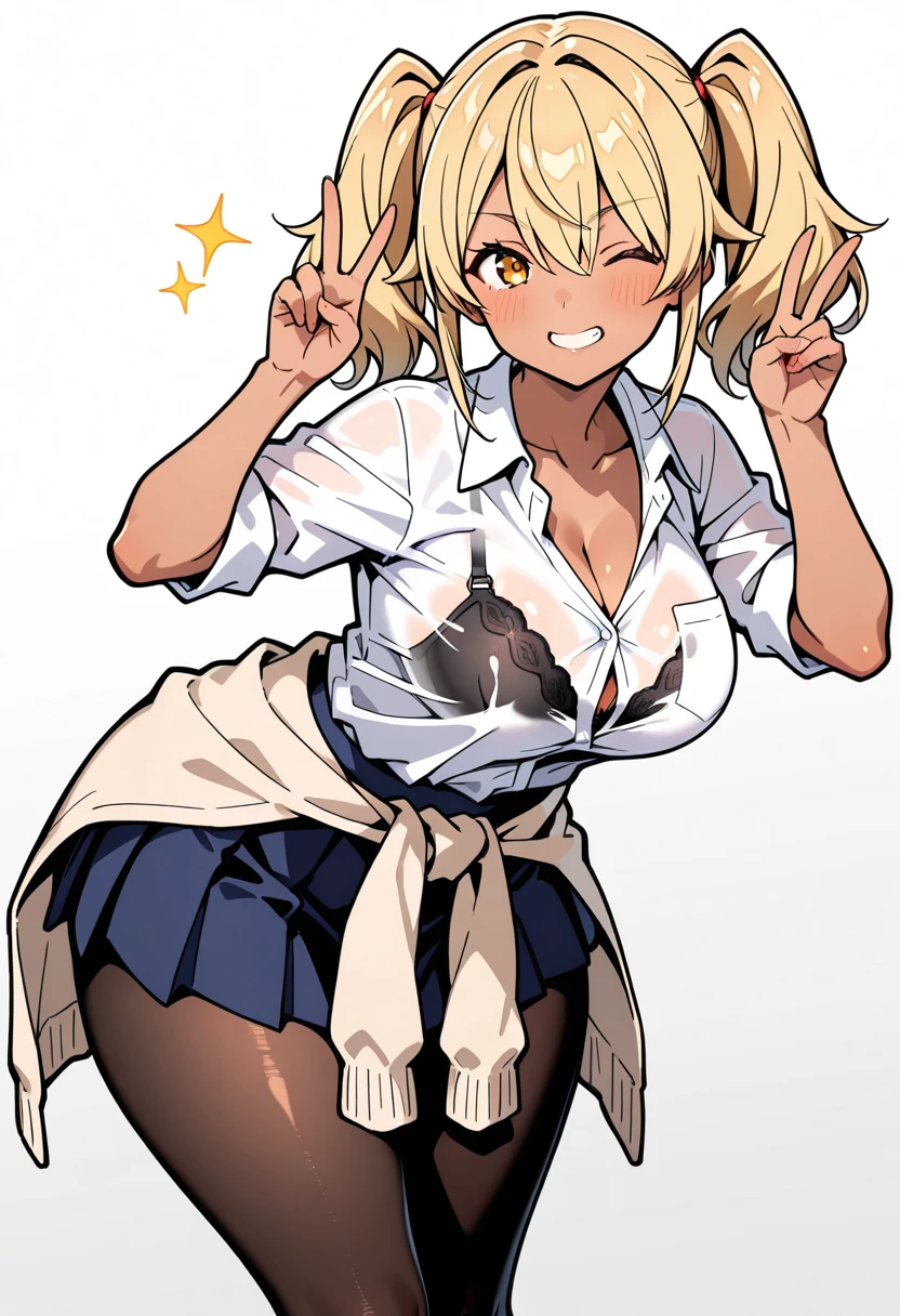{masterpiece, distinct_image, extremely detailed CG, beautiful eyes and detailed face,realistic, photo realistic, 4k, 8k, high_resolution,perfect_finger, (beautiful_detailed_eyes:1.3), glitter, white_light, (glow_white_face, front_light:1.3), summer_light{1girl, face_focus,cowboy_shot, looking for_in_viewer, standing, (piece sign pose:1.6) },{adult, curvy, (huge_breasts, wide_hip:1.3), navel, skinny_stomach,tight_gap, groin, (yellow_hair, pink_eyes, long_hair down to the back, right_side_ponytail, slanted_eyes, bangs:1.3), ({The most perfectly hidden leopard print bra in a white shirt:1.7}, white short sleeve Y-shirt, black_short_skirt, cleavage, pink_nails, gold earrings, black neck choke, white collar, light blue bracelet :1.5),(brown Cardigan tied around the waist: 1.6), (tanning_skin, black_skin:1.6), (smiling face:1.3), sweat}
