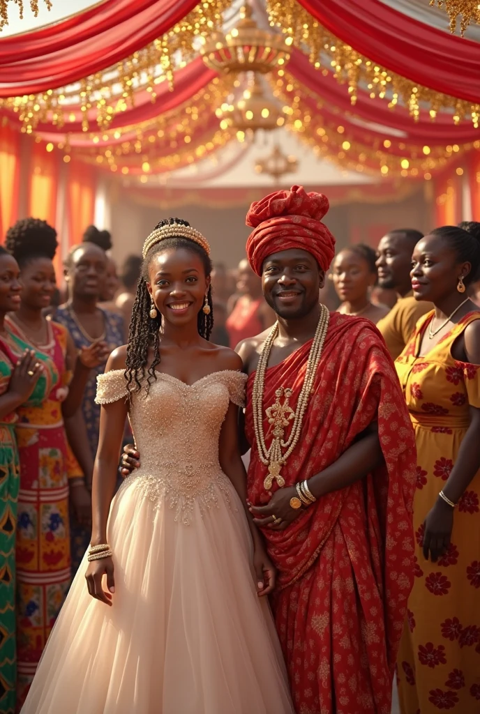 Maintain consistency in all the features of Ngozi and Adamu.
Generate 16:9 images of a vibrant wedding scene where Ngozi and Adamu are dressed in a blend of Igbo and Hausa wedding attire. Ngozi is in a beautiful traditional Igbo bridal gown, adorned with coral beads and an elaborate headpiece, while Adamu is in a regal Hausa outfit, with a richly embroidered robe and cap. They stand together, holding hands, as an elder blesses their union. The guests, dressed in a mix of Igbo and Hausa attires, are celebrating with joyful expressions, some dancing, others cheering. The decorations combine elements from both cultures, creating a colorful and harmonious setting.
Traditional beads are not part of Hausa attire. Adamu should not wear any beads. He should be on Hausa traditional attire.