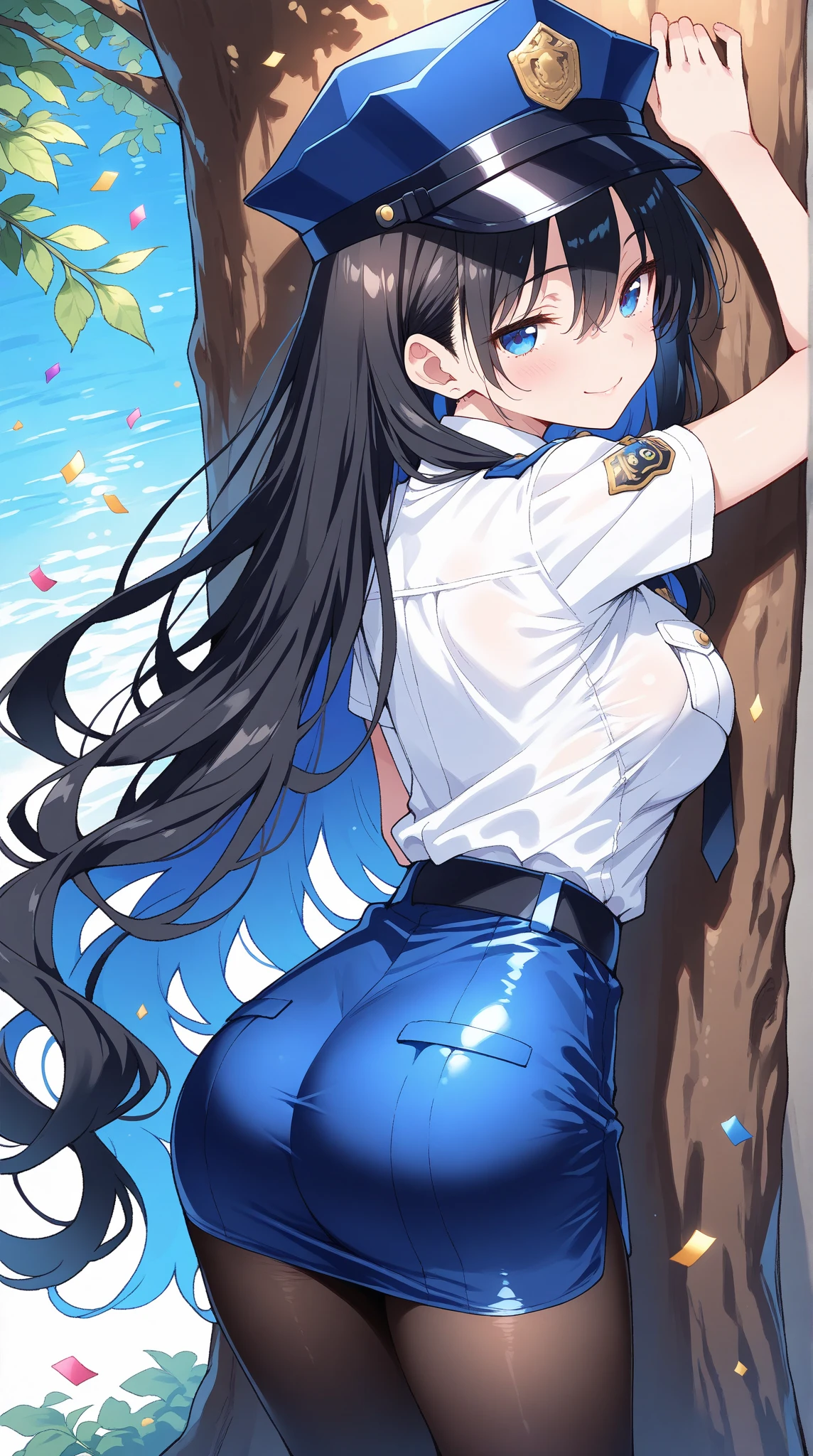 (R Solo:1.3)、(masterpiece)、((best qualtiy))、((ultra-detailliert))、(a high chroma)、(CG Illustration)、highcontrast、low angles、red blush、(Licory Recoil:1.3)、((Translucent navy blue uniform))、(White accents、Green Tie Ribbon)、White panties、、(Thick black tights)、(Purple anime-style eyes)、Delicate beautiful face、((teats)) 、(B cup breasts)、The best lighting、((turned around))、((Stick your butt out with your hands on the wall))、