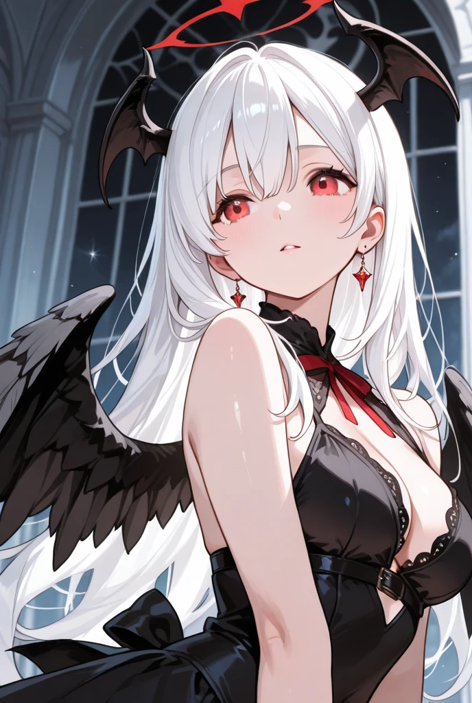 (masterpiece, best quality:1.2), 1 girl, alone, White hair, Red jewel headdress, Wing Hairpin, Black wings, White wings, Gray Wings,