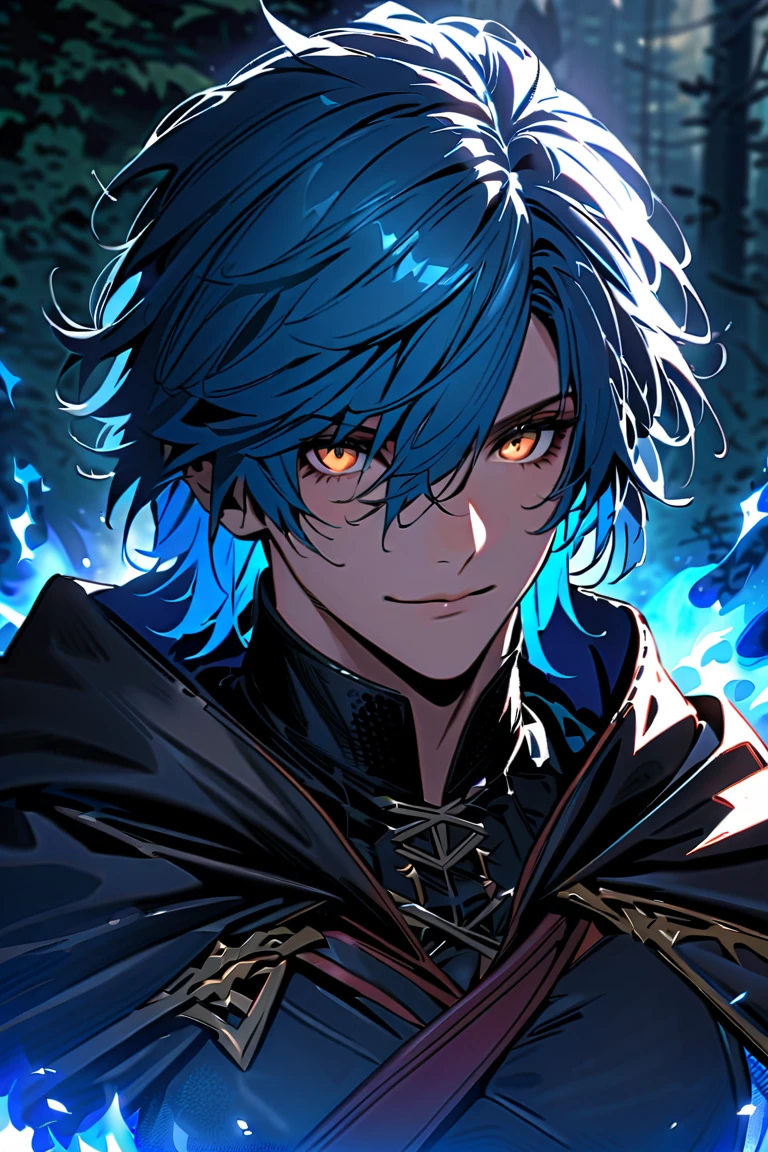 (1 male, young man, tan skin, eyepatch on right eye, blue hair), dramatic lighting, detailed, masterpiece, standing in front of the castle, sunset light, red and orange sunset tones, (best quality, 4k, 8k, highres, masterpiece:1.2), ultra-detailed, (realistic, photorealistic, photo-realistic:1.37)