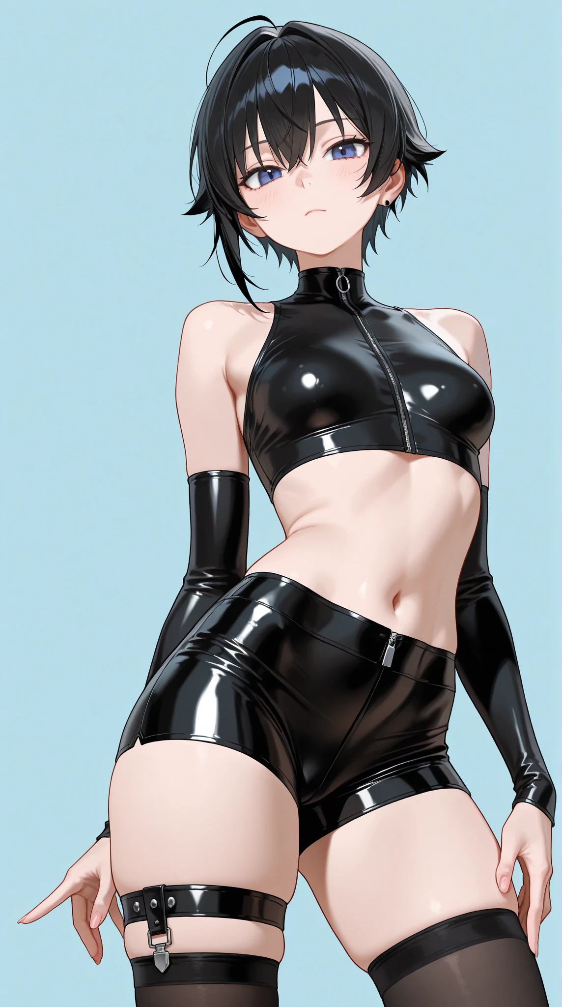 (cabello despeinado), (illustration), retrato, (fondo de ciudad futurista), (arms behind back), Cintura delgada, gran sonrisa, abdominales fuertes, chica delgada, strong abs, muscle girl, front pose, big thighs, focus on face, flat chested, large city background, blue hair, red eyes, skirt, sit on rock, detailed vagina, nude, heavy armor suit