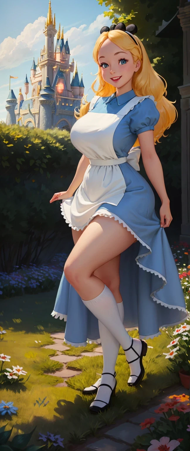 (masutepiece), (Best Quality), (Extremely detailed), alice liddell, Blue Dress, White Apron, black hairband, White long socks, Cute Pose, In the flower garden, (((disney castle in background))), (Blue sky), (A clear day), 。.。.。.3D. Illustration, Good Highlights, Perfect proportions, Dynamic, Professional, awardwinning, (High detailed skin), (high detailed face), Photorealistic, nffsw, 超A high resolution, absurderes, Perfect body shape, cute smile face, Realistic figure, Sexy Posing, teaser standing, Perfect Breast、White panties,(The skirt is flipped up),(I can see panties:1.8)、(Panties that dig into the crotch:1.4),、Lace pantie、 Ultra-detailed panties