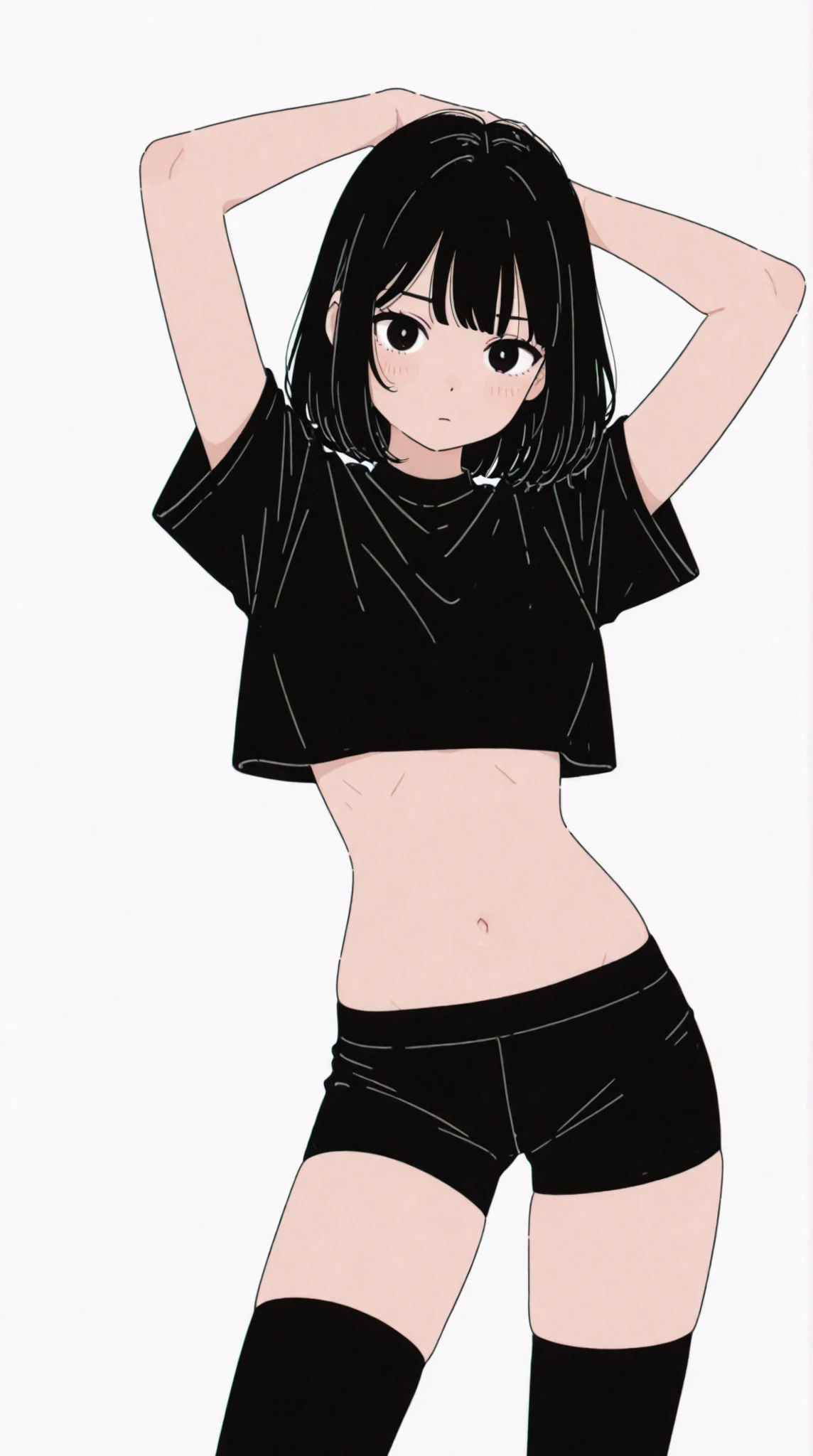 absurdres, (ultra-detailed), masterpiece, best quality,
1girl, solo, blush,
black hair bob cut, crop top, flat chest, thong, toned,
anime, flat color, ligne claire, [retro anime, 1990s \(style\),]