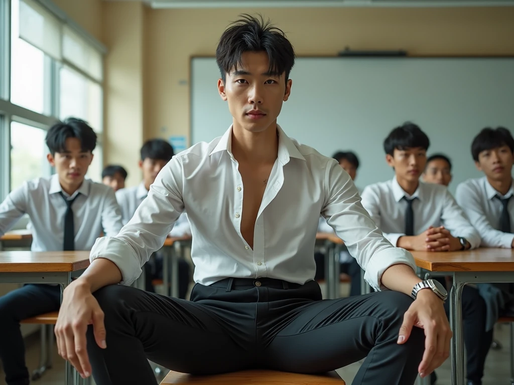 a 20 years old male, wearing blue shorts, big male bulge, black sheer socks, sat on desk at school, lots of females around him