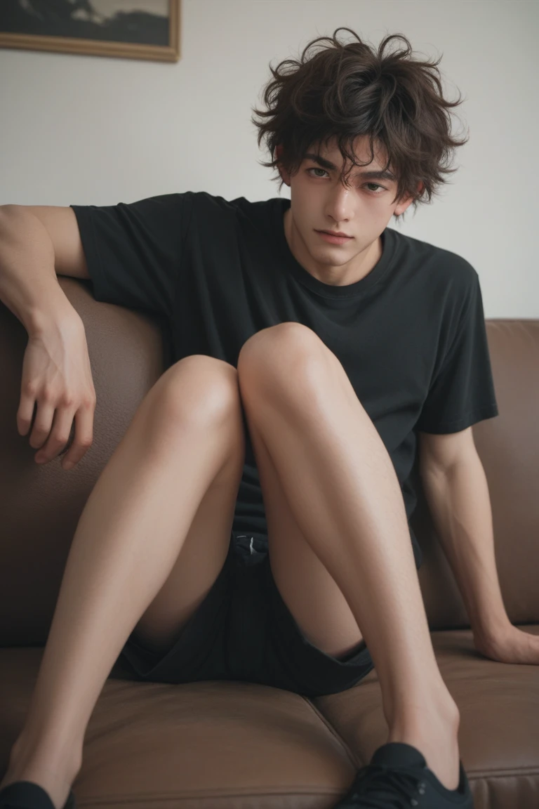 boy 18 years old, sit on soffa, skinny, tan skin, wearing black shirt, short pants