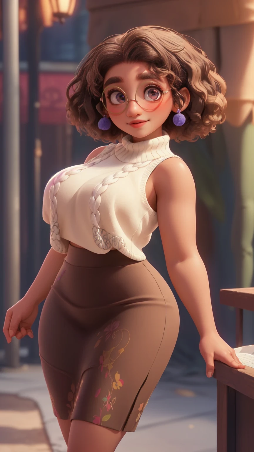 mirabel madrigal,  glasses, smile, ((sleeveless sweater)), market background, (((pencil skirt))), (((brown skin))), detailed skin, perfect legs, perfect thighs, (((curvy body))), ???????????, INVITING TO ???? pose Big ??? ????? grandes bunda grande 